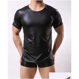 Erkek Tişörtler Erkekler Patent Deri Kısa Kol Tişörtleri Pu Y Fitness Üstler Eşcinsel Lateks Tişört Tişört Tişört Partisi Küpe Giyeri Bırak Teslimat Apa Dhdbo
