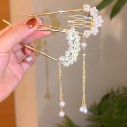 New Rhinestone Pearl Hairpin Chinese Style Back of The Head U-shaped Hair Sticks Women Girls Headwear Hair Accessories