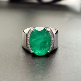 925 Silver Gemstone Man Ring 12mmx16mm Man Made Colombia Emerald Ring for Man Daily Wear 3 Layers 18K Gold Plating Male Jewellery