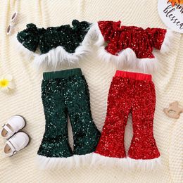 Clothing Sets Christmas 1-7Yrs Children Girls Sequin Outfits Sleevess Fur Crop Tops Flare Pants 2Pcs Summer Toddler Kids Clothes