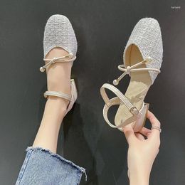 Sandals 2023 All-match Spring And Autumn Elegant Elastic Strap Beads Middle Heel Square Pointed Female Baotou Fashion