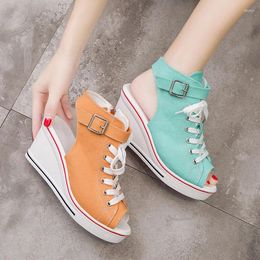 Dress Shoes Spring Summer Breathable High Top Canvas For Women's Fish Mouth Hollow Comfortable Flat Bottom Sandals