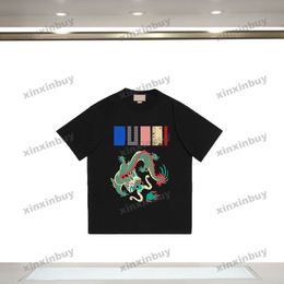 xinxinbuy Men designer Tee t shirt Chinese dragon letter printing short sleeve cotton women Black white blue Grey XS-L