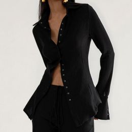 Women's Blouses Bazaleas 2023 Slim Like Silk Blouse Fashion Center Buttons Shirt Full Sleeve Black Women Outwear