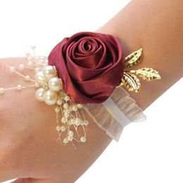 Other Fashion Accessories Bridesmaid Bracelet Wedding Corsage Bracelet Polyester Ribbon Rose Flowers Pearl Bow Bridel Gifts Wrist Flowers Corsage J230422