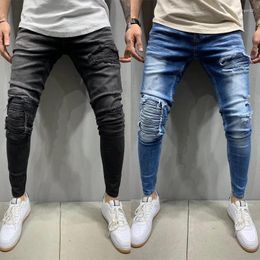 Men's Jeans Blue Stretch Denim Patch Ripped Skinny Slim Fashion Streetwear Personality Wrinkled