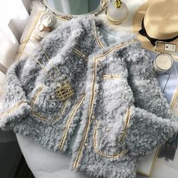 Womens Fur Faux French vintage perfume cashmere coat short thick womens round neck autumn winter jacket 231122