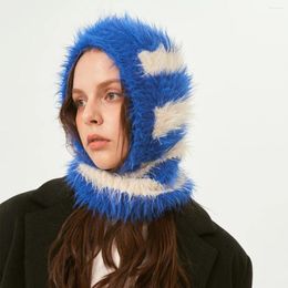 Berets Wool Knitted Balaclava Hat For Women Fashion Designer Striped Imitation Mink Warm Winter Cold Bomber Beanies Ski Mask
