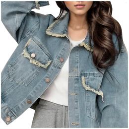 Women's Jackets American Retro Cropped Denim Long Sleeve Lapel Jean Jacket Casual Single Button Outerwear With Pockets