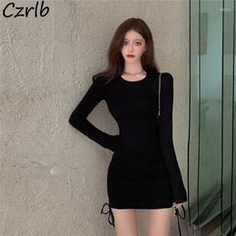 Casual Dresses Long Sleeve Women Shirring Solid Sexy Ladies Party Design Body-con Girls Mini O-neck Spring Autumn Trendy