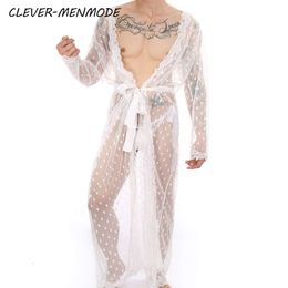 Men Sexy Long Dress See Through Transparent Sleeping Wear Bathrobe Set with Adjustable Thong Exotic Lingerie 2pcs