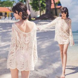 Women's T-Shirt Long Sleeve Bikini Sunscreen Tops Women Beach Hollow Out Knit Pullovers Summer Seaside Holiday Swimsuit Sexy Lace Mesh Top P230328