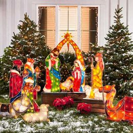 2024 Christmas Decorations Tinsel Nativity Scene Warm White Yard Plane Painting For Easter Outdoor Garden Home Event Decoration 231123