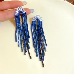 Dangle Earrings Statement Tassel With Shinning Blue Rhinestones Personality Party Pendientes