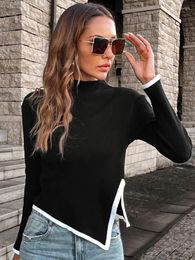 Women's Sweaters Knitted Small High Neck Black And White Contrasting Trim Asymmetric Hem Casual Pullover Harajuku Aesthetic Retro Sweater