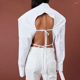 Women's Blouses White Shirt For Women 2023 Spring Fashion Design Backless Long Sleeve Top Femme Sexy Hollow Out Lace-up Tight Blouse