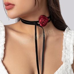 Elegante collana girocollo con fiore rosa per le donne Collare a catena con lacci lunghi alla moda sul collo 2023 Regalo di decorazione di gioielli di moda