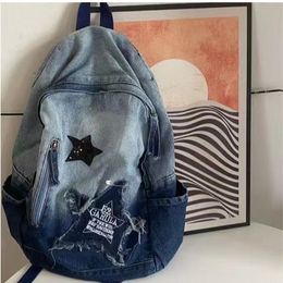 Rucksack Mode Mädchen Sterne Muster Denim Umhängetasche Blau Retro Freizeit Schultasche Große Kapazität Jungen und Mädchen Umhängetasche Y2K Stil 230422