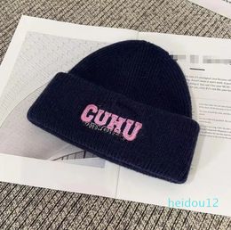 Winter Letter Rabbit Hair Knitted Hat Women's Luxury Beanie Cap Ear Protector Warm Cold Hat