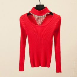 Women's Sweaters Sexy Long Sleeve O Neck Knitted Women Diamond Necklace Pullovers Rhinestone Tops Knitwear