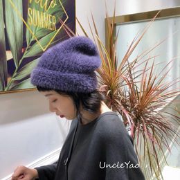 Berets Korea Soft Woollen Purple Hat Women Autumn Winter All-match Knitted Warm Earmuffs Loose Pile Cap Casual Beanie Bonnet Femme