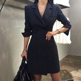 Basic Casual Dresses Women Slim Longsleeved Stripe Blazer Dress Office Lady Clothes 231123