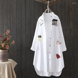 Women's Blouses Women Cotton Embroidery Loose Long White Shirts 2023 Spring Autumn Casual Office Lady Blouse Female Top Oversize 4XL
