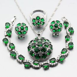 Necklace Earrings Set Manny Trinket Big Ball Green Zircon Silver-Color For Women Ring Size 6-7-8-9-10 Bracelet Length 20cm W312