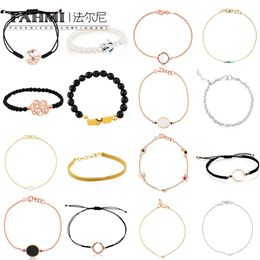 Fahmi High-end full circle bear black rope pearl black crystal bead buckle flower rose gold gold silver open ring bracelet Cute Good Craftsmanship, TOP Quality