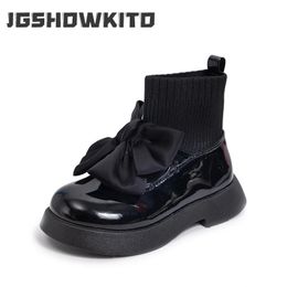 Boots Children's Boots Fashion PU Solid Black Bow Girls Uniform Spring and Autumn Kids Fashion Flying Knit School Socks Shoes 231123