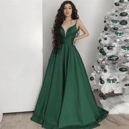 Emerald Green Spaghetti Strap Evening Dresses V Neck Ruched A Line Long Prom Gown With Pockets Satin Sweep Train Females Vestidos De Fiesta 326 326