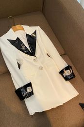 2023 White Black Contrast Colour Panelled PU Dress Long Sleeve Notched-Lapel Rhinestone Buttons Short Casual Dresses O3A192291