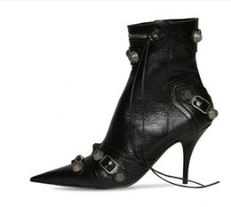 2023 Winter Thin high heeled Black Boots Women Fashion Sexy Pointed toe Rivets T Show Boots