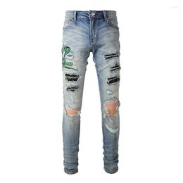 Men's Jeans Arrivals Men's Light Blue Streetwear Fashion Slim Fit Embroidered Snake Pattern Skinny Stretch Destroyed Holes Ripped