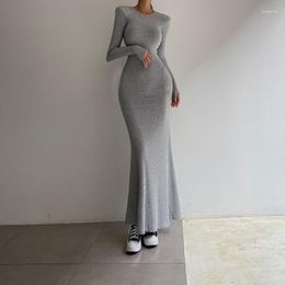Casual Dresses Autumn Women's Grey Dress Slim Bag Buttock Elegant Spring Solid Colour Crewneck Long Sleeve Fishtail