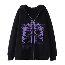 Men' Blends Y2K Vintage Skeleton Print Hoodie Aesthetics Harajuku Grunge E girl Gothic Emo Alt Clothes 2000s Retro Zipper Loose Sweatshirt 231123