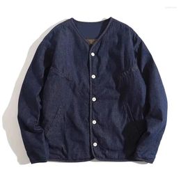 Men's Jackets Quilted Lining Japan Style Men V-Neck Single Breasted Denim Jacket Retro Mens Blue Jean Amekaji