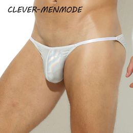 Men's Patent Low Rise High Split Briefs PU Mini Bag G-string Underwear Faux Leather Seamless Erotic Panties