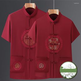 Ethnic Clothing Summer Chinese Style Short Sleeve Tang Suit Men Embroidery Silk Satin Top And Pants Sets Oriental Button Costume