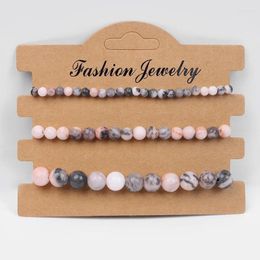 Strand 3pcs Natural Pink Zebra Stone Bracelet Set 4/6/8MM Round Bead Stretch With Card Jewellery Gifts For Women Men