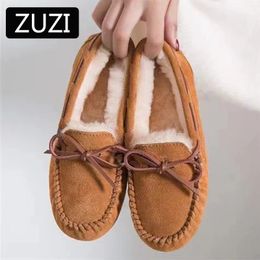 Women Dress Warm ZUZI Winter Genuine Leather Flat Casual Loafers Slip on Women s Flats Plush Shoes Moccasins Lady ce Pluh Shoe Moccain