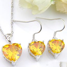 Earrings & Necklace Luckyshine 925 Sier Necklaces And Earrings Jewellery Sets Heart Yellow Citrine Gems For Women Engagement Drop Delive Dh12N