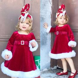 Girl Dresses Christmas Party Formal Princess Infant Baby Girls Dress Fur Long Sleeve Sashes Knee-Length A-Line Outfit 0-5Y