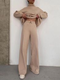 Women's Two Piece Pants Autumn Winter 2 Pieces Women Pant Sets Knitted Tracksuit Turtleneck Sweater Tops And Straight Jogging Suits Casual