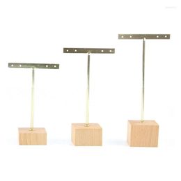 Jewellery Pouches 3Pcs Metal T Bar Earring Display Stand With Wooden Square Base 4 Holes Holders Hanging Organiser