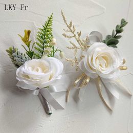 Other Fashion Accessories LKY Fr Boutonniere Wedding Flowers Wrist Corsage Bracelet Ivory Silk Rose Groom Buttonhole Bridesmaid Marriage Bride Access J230422