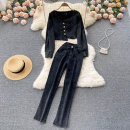 Women's Two Piece Pants Casual Black Jeans Suit Women Denim Pieces Set Irregular Jacket Tops &Long Tracksuit Outfits 2023 Spring Autumn