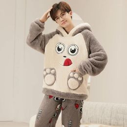 Men's Sleepwear Men Winter Thickened Coral Fleece Pyjamas Set Plush Hooded Home Suit Long Sleeve Cartoon Flannel 2PCS Warm Nightwea 4XL