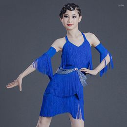 Stage Wear Kids Latin Dance Performance Dress Girls Rhinestone Blue Tassels Dancing Outfit Rumba Competition BL6928