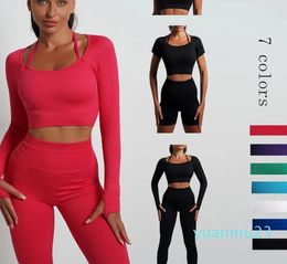 Yoga Outfit Seamless Sets Sports Fitness High Waist Hip Raise Pants Shorts Longsleeved Suits Workout Gym Leggings Set for Women